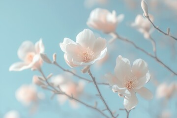 Wall Mural - soft pastel magnolia blossoms against a clear blue sky.