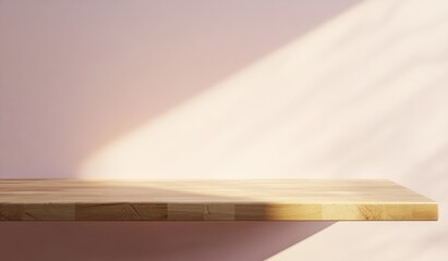 Poster - Empty wooden shelf against pink wall with sunlight.