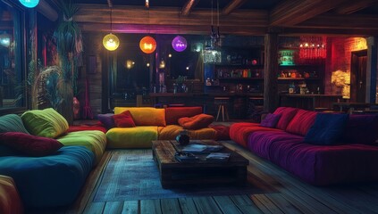 Wall Mural - Colorful bohemian living room with low seating and vibrant lighting.