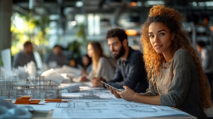Poster - Group of professionals collaborating in modern workspace with blueprints