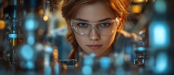 Poster - Focused young woman in safety goggles examining machinery in lab