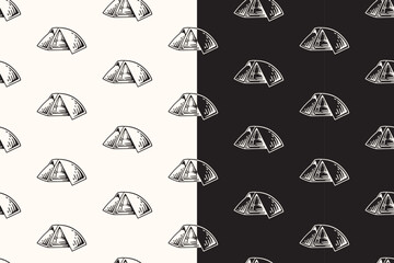 doodle dome tent seamless pattern on black white background for camping adventure merchandise. retro
