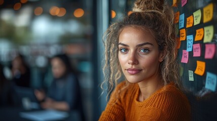 Poster - Woman with curly hair sitting near colorful sticky notes