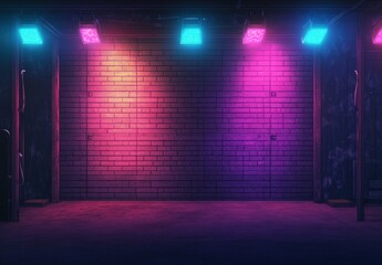 Poster - Neon lights illuminate a brick wall in a dark garage.