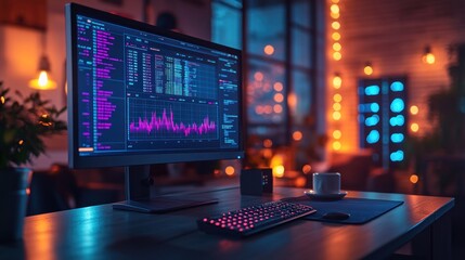Poster - Modern workspace with computer displaying data analysis and coffee cup
