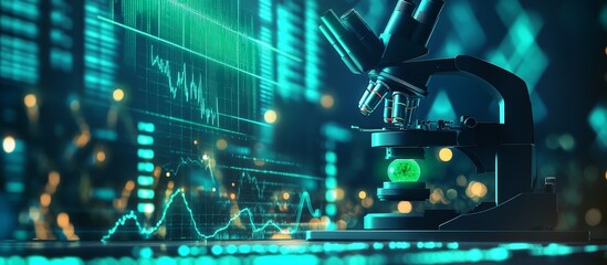 Wall Mural - Microscope with glowing sample and financial data charts.