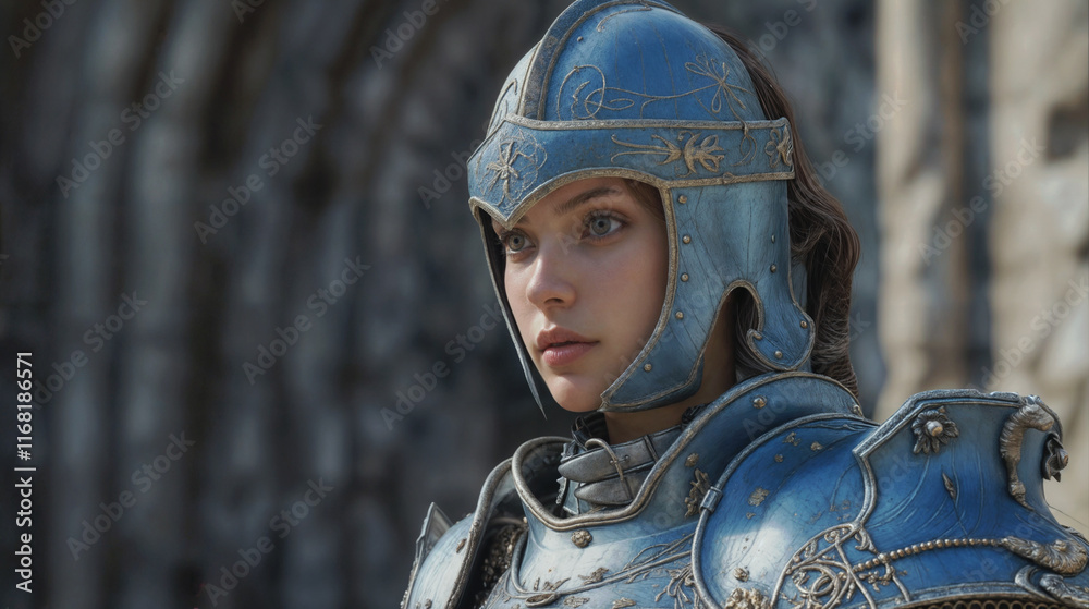 Young female warrior in ornate blue medieval armor with decorative ...
