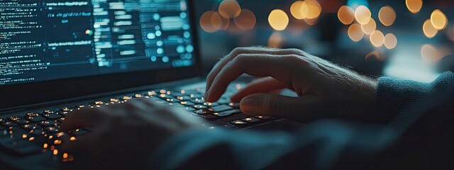 Focused hands typing on a laptop keyboard illuminated by soft bokeh lights in a dark room, capturing the essence of tech and creativity.