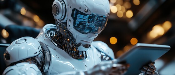 Poster - Humanoid robot using digital tablet in modern workspace