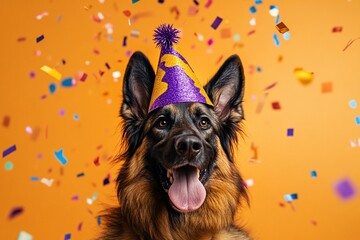 Happy German Shepherd dog wearing a party hat amidst falling confetti.