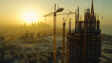 Wall Mural - Sunrise over a city with a skyscraper under construction.