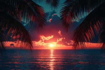 Wall Mural - Dark palm trees silhouettes on colorful tropical ocean sunset landscape