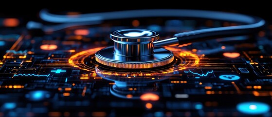 Poster - Stethoscope on digital interface symbolizing healthcare technology