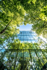 Fototapete - Modern glass skyscraper surrounded by lush green trees.