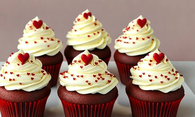 Wall Mural - Red velvet cupcakes with cream and icing