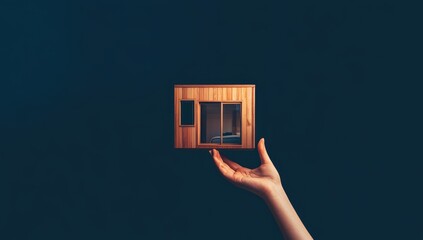 Poster - Hand holding small wooden house model against dark background. (1)