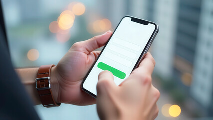 Poster - Businessman filling online form on smartphone in office building with city view