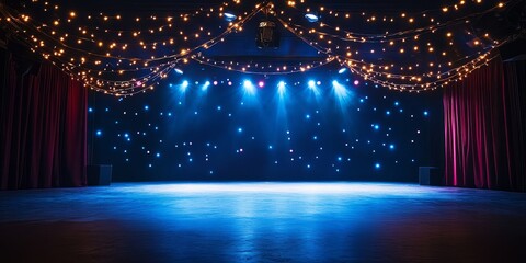 Poster - Empty stage with blue lighting, red curtains, and fairy lights.