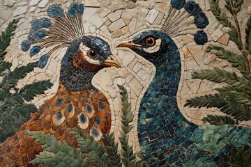 Naklejka na meble A stunning mosaic depicting two peacocks amidst lush foliage, showcasing intricate details and vibrant colors.