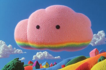 Fluffy knitted rainbow cloud floating above a yarn village with tiny yarn houses and colorful knitted flowers, magical light, high resolution, super detailed.