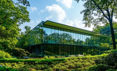 Fototapete - Modern glass building nestled in lush greenery.