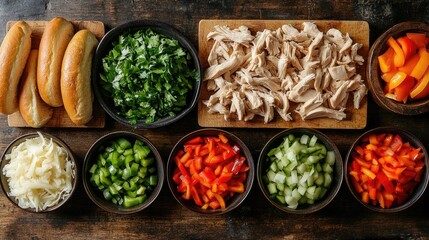 Wall Mural - Grilled chicken, parmesan, bread and various vegetables prepared for cooking a meal