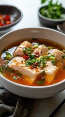 Wall Mural - Salmon and carrot soup garnished with chopped chives in white bowl