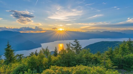 Poster - A breathtaking sunset over a serene lake, surrounded by lush mountains and vibrant clouds.