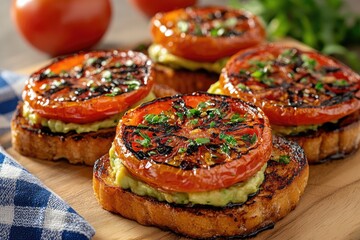 Wall Mural - Toasted bread slices with mashed avocado and grilled tomatoes forming tasty vegetarian appetizer