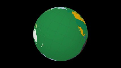 Poster - Spinning globe. Tilted sphere view. Slow speed earth rotation. Colored countries style. World map with graticule lines on Black background. Incredible animation.