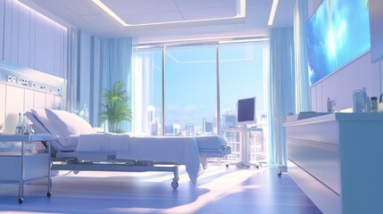 Poster - A bright, modern hospital room with a bed, window views, and medical equipment.
