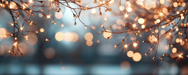 Poster - Burst abstract background concept. A serene view of twinkling lights on branches, creating a magical ambiance in nature.