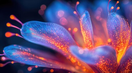 Poster - Burst abstract background concept. Vibrant macro shot of a colorful flower with glowing accents and intricate details.