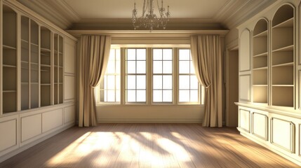 Aufkleber - A bright, spacious room with large windows, elegant curtains, and wooden flooring.