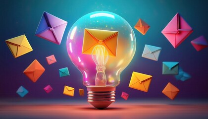 Poster - A glowing light bulb surrounded by colorful envelopes symbolizes innovative ideas and communication.