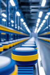 Poster - Industrial Storage System with Blue and Yellow Circular Containers in Warehouse
