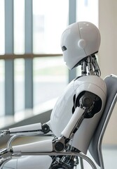 Poster - Modern humanoid robot seated in a futuristic interior space with soft lighting