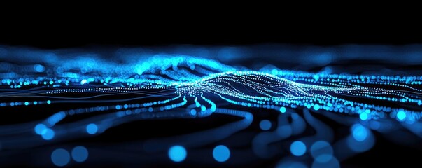 Poster - Burst abstract background concept. Futuristic digital landscape with glowing blue lines and abstract waves on dark background.