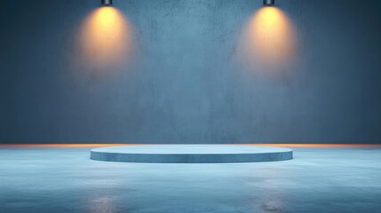 Poster - Grungy abstract background idea. A modern, empty stage with spotlight illumination against a textured blue wall.