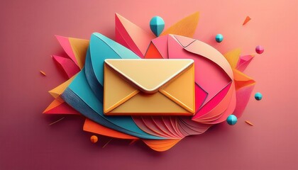 Poster - A colorful composition featuring a golden envelope amidst vibrant geometric shapes and playful elements, symbolizing communication and creativity.