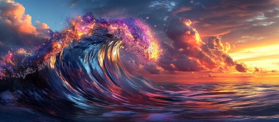 Canvas Print - Fiery, colorful wave crashing at sunset.