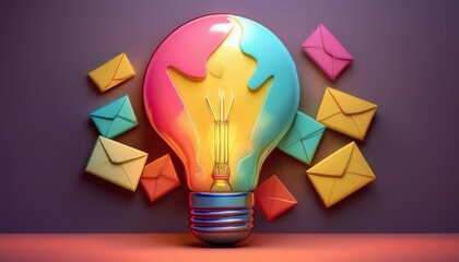 Poster - A vibrant light bulb surrounded by colorful envelopes symbolizes creativity, communication, and innovative ideas.