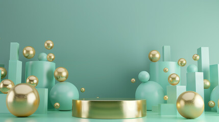 Elegant Podium with Green and Gold Abstract 3D Geometric Scene
