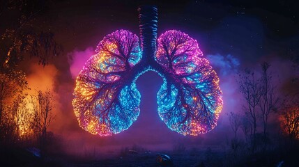 Wall Mural - a vibrant, glowing representation of human lungs amidst a surreal environment.