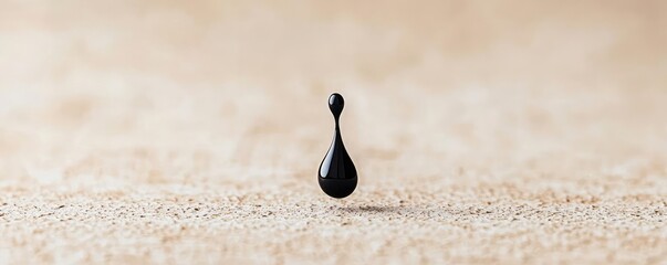 Poster - Grungy abstract background idea. A single drop of black liquid suspended above a sandy surface, showcasing elegance.