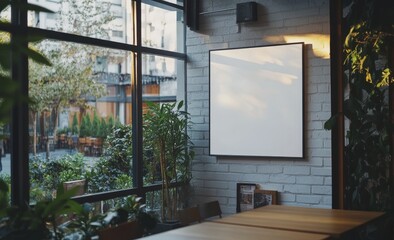 Poster - Blank frame mockup in a modern cafe interior.