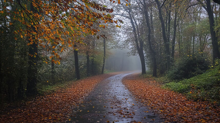 Sticker - misty forest path with wet leaves and autumn colors creates serene atmosphere