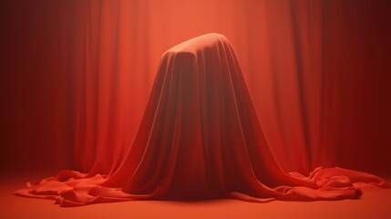 a mysterious draped figure shrouded in vibrant red fabric, evoking intrigue and curiosity in an arti
