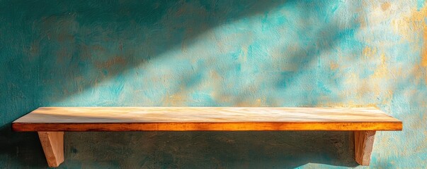 Poster - Grungy abstract background idea. A wooden shelf against a textured teal wall casting soft shadows in natural light.