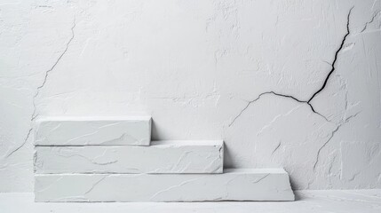 Aufkleber - Grungy abstract background idea. Minimalist white stairs against a textured wall with subtle cracks for modern design.